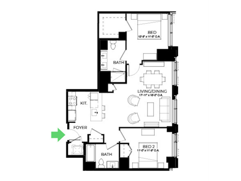 Floor plan for 2 beds, 2 baths, 1063 sqft
